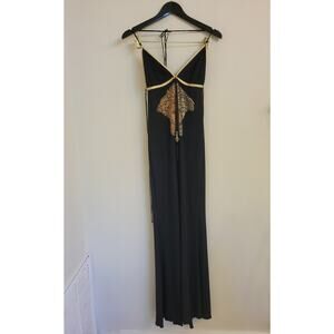 Kasia De Gelaque Black Gold Face Crystal Roman Grecian Designer Dress S